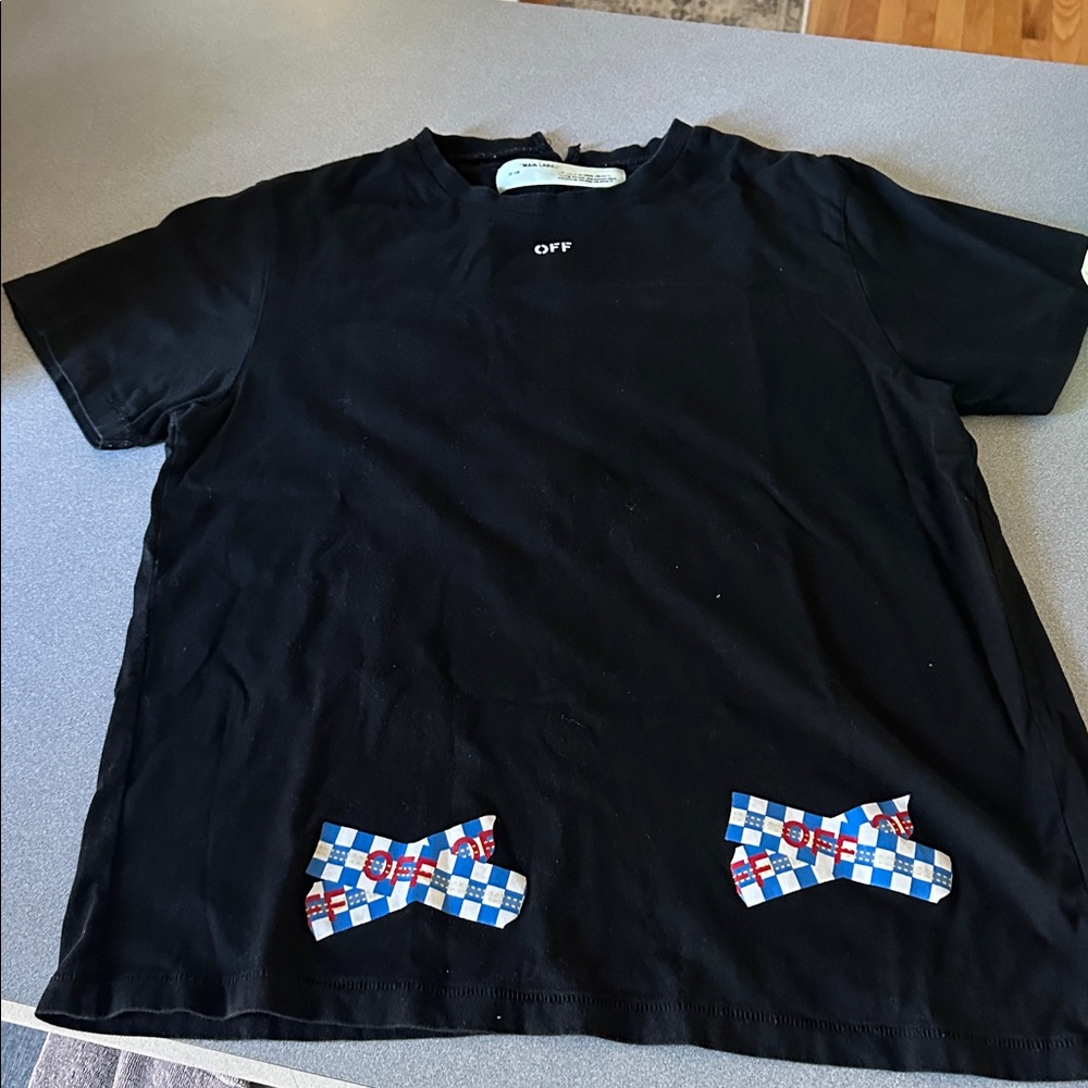Off-White Black Tee with Blue Checkered Design